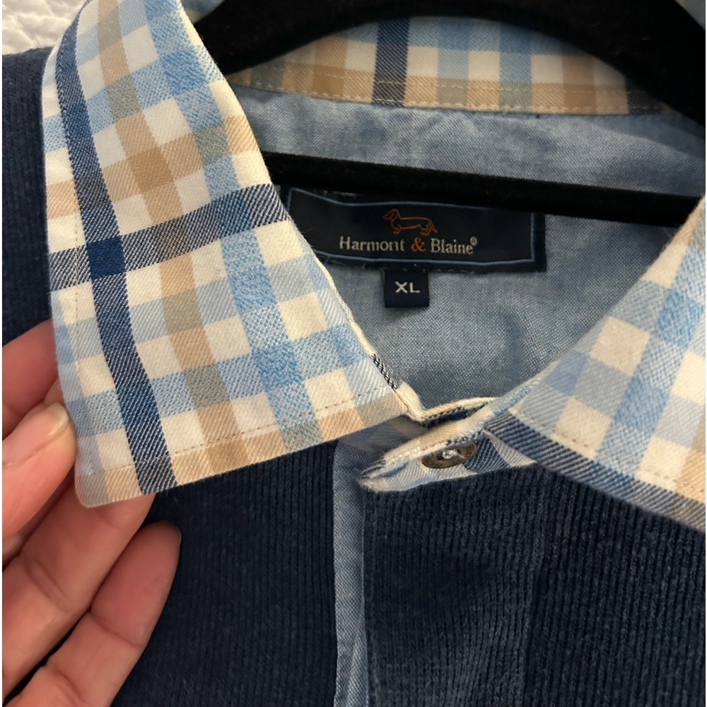 , Harmont&Blaine navy blue XL pullover with plaid collar / cotton